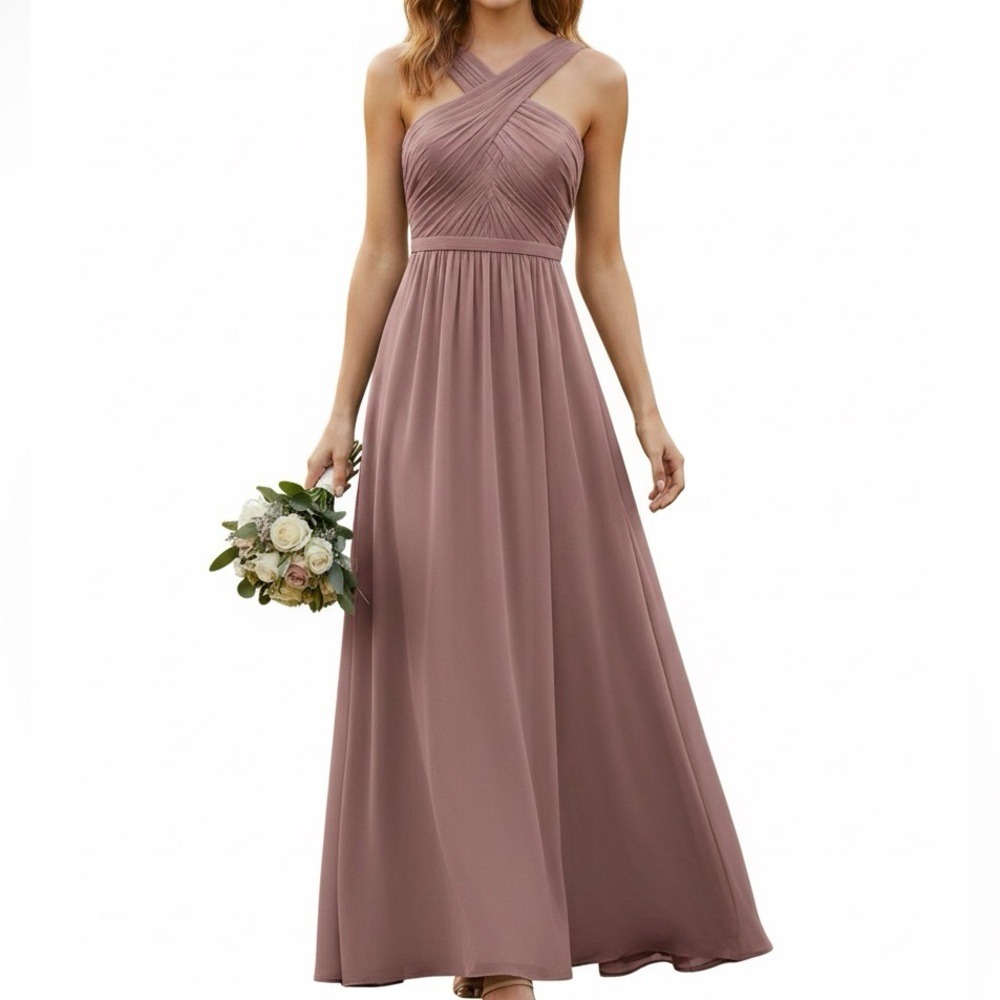 Azazie Kaleigh Dusty Rose Chiffon Halter Ruched Bridesmaid Dress A12 Formal Gown
